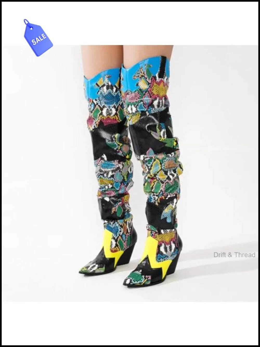 Thigh High Cowboy Boots for Women Faux Snakeskin Chunky Heel Slip Resistant